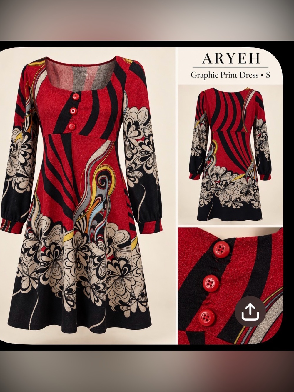 Aryeh Red Black Abstract Floral Dress Size S Square Neck